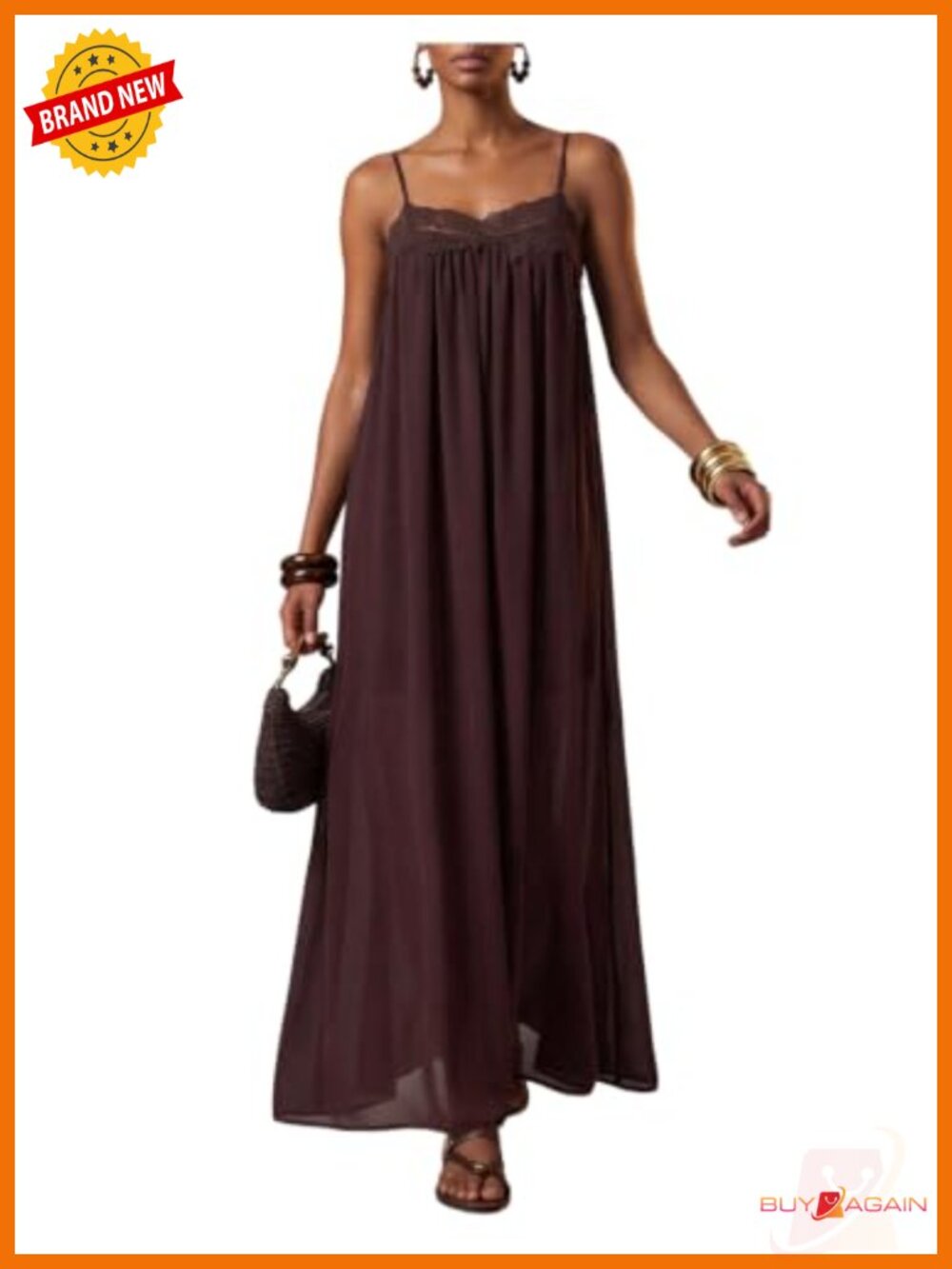 Women's Lace Trim Spaghetti Strap Flowy Maxi Dress Sleeveless A-Line